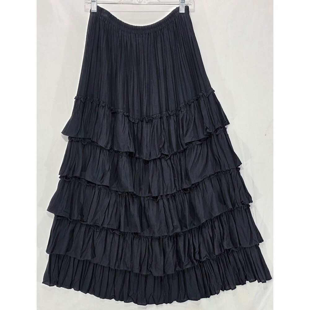 Vintage Cactus Flower Black Tiered Maxi Skirt Hippie Boho Festival Witchy USA